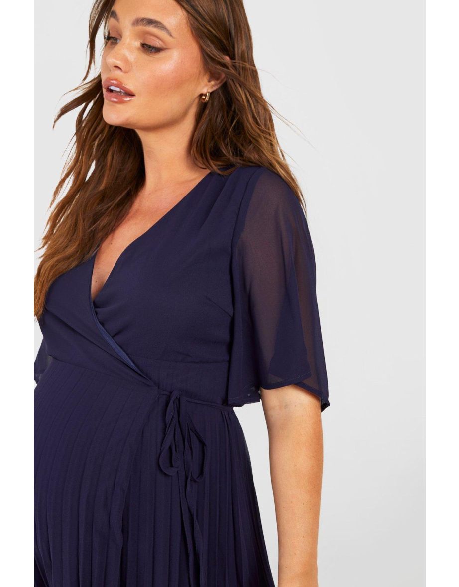 Maternity Pleated Wrap Midi Skater Dress - navy - 3