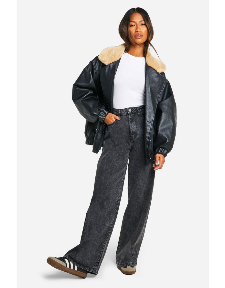 Teddy Collar Faux Leather Aviator Bomber Jacket