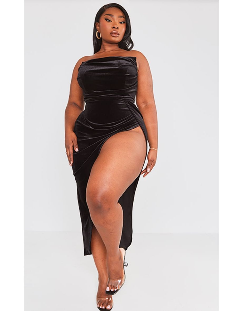 Plus Black Velvet Boned Bandeau Maxi Dress