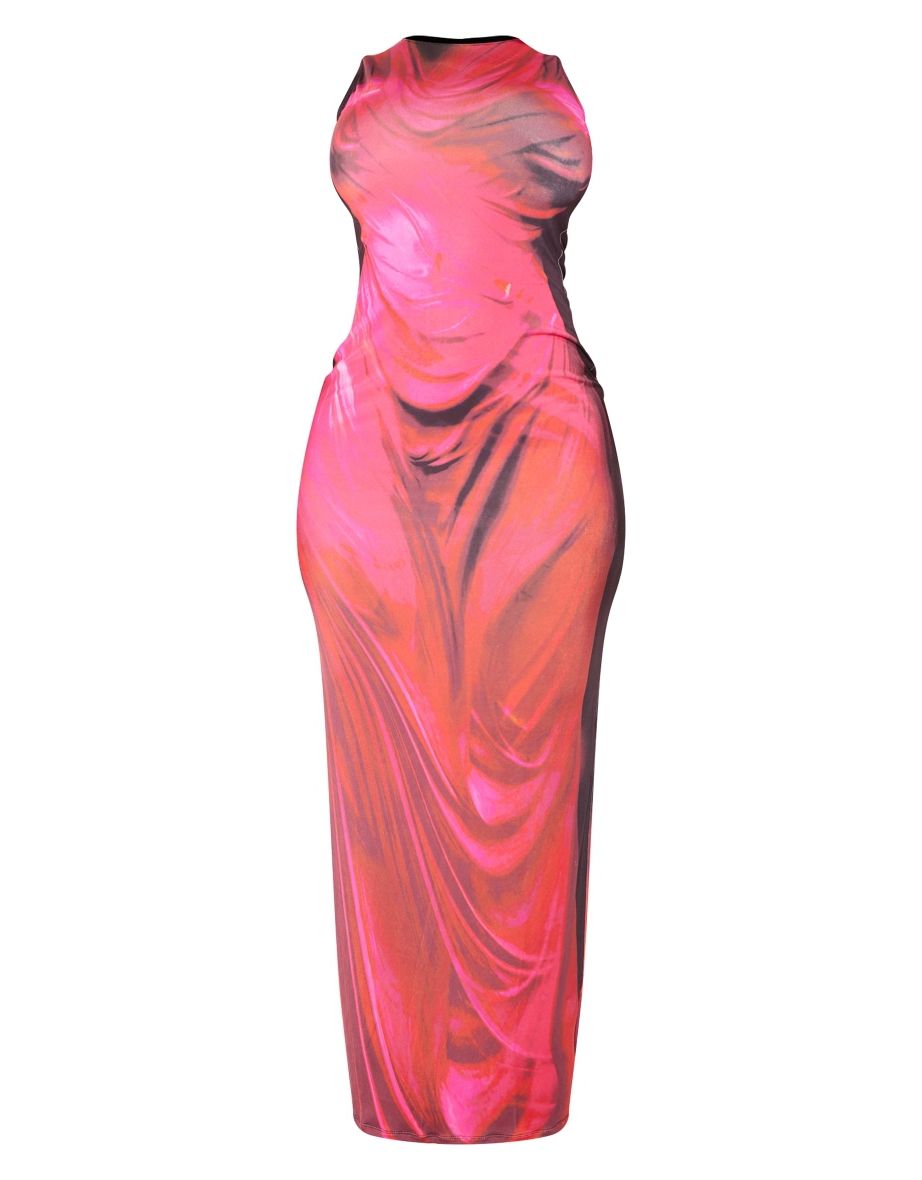 Red Column Maxi Dress with Abstract Prints - 4