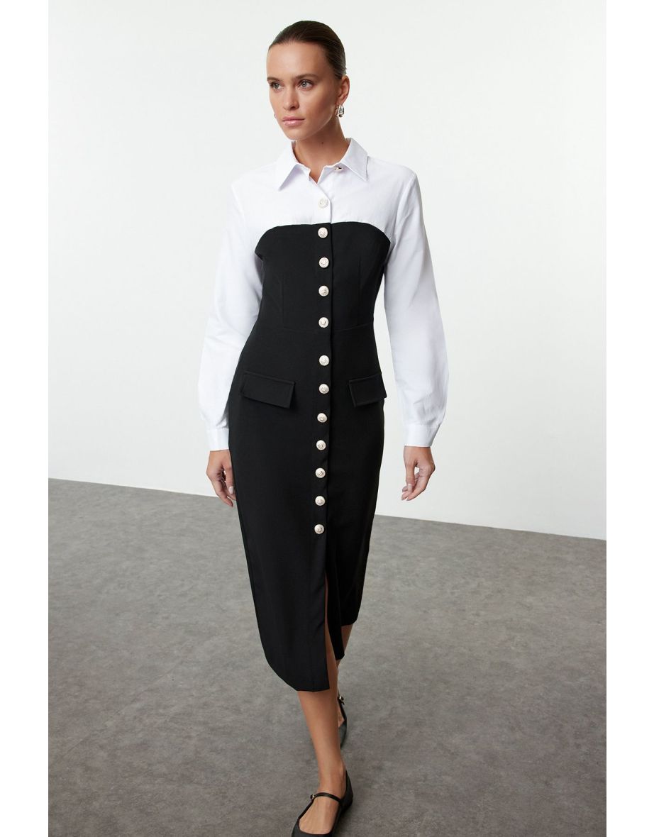 Black Body-hugging Button Detailed Midi Woven Dress