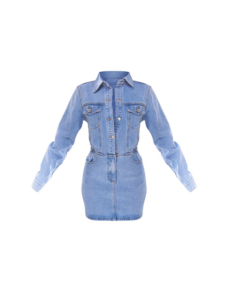 Petite Light Blue Wash Denim Cut Out Mini Dress - 4
