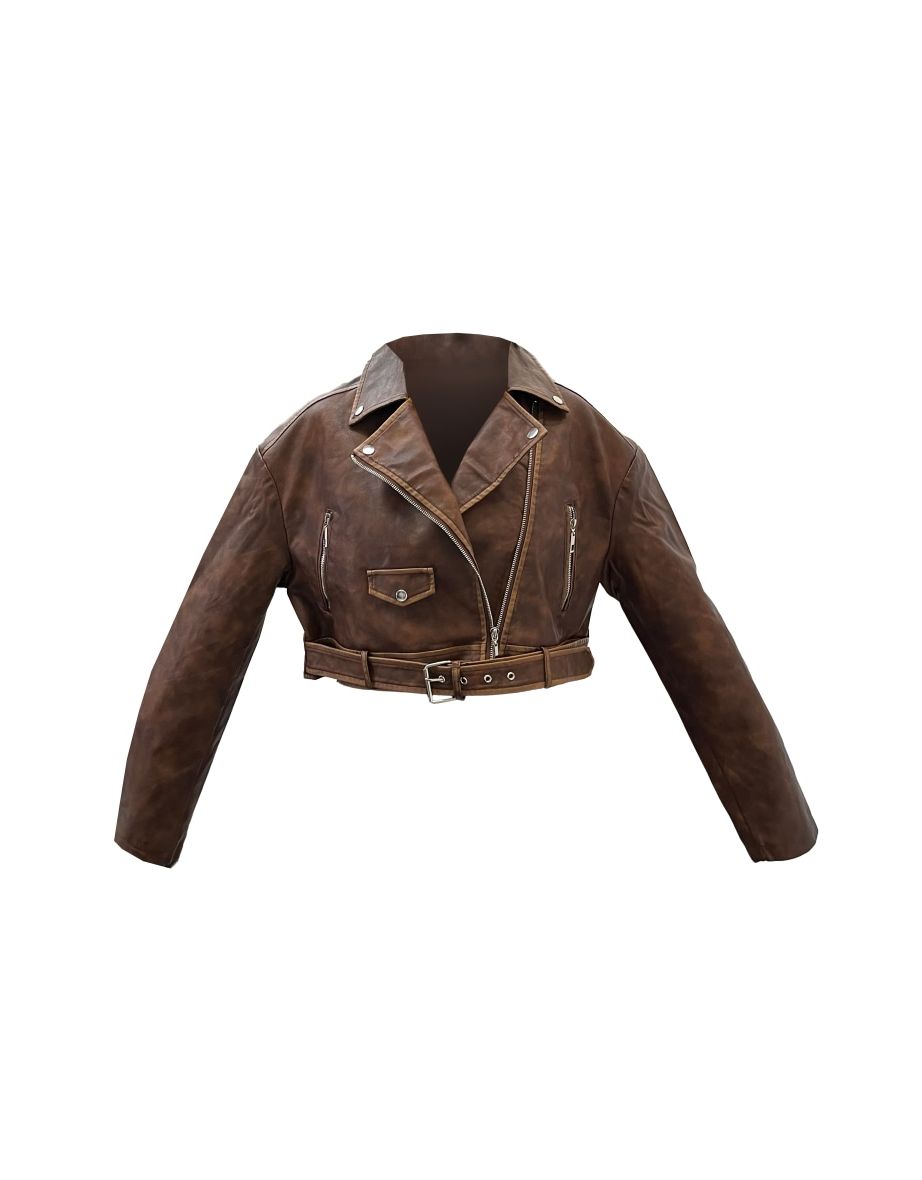 Brown Faux Leather Mottled Texture Belted Hem Biker Jacket - 4