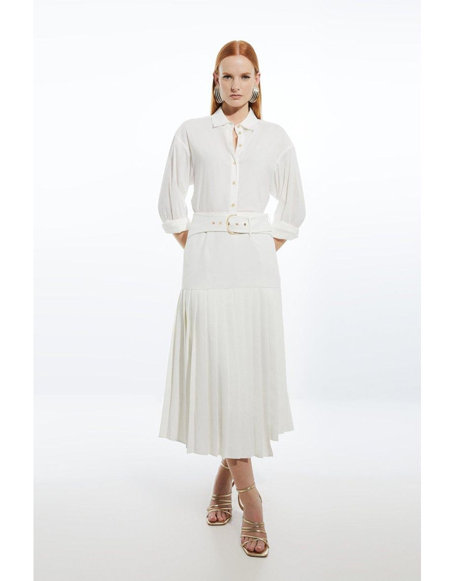 Twill Woven Belt Detail Pleated Midi Skirt