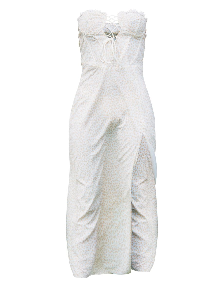 Yellow Floral Lace Trim Corset Split Midi Dress - 4