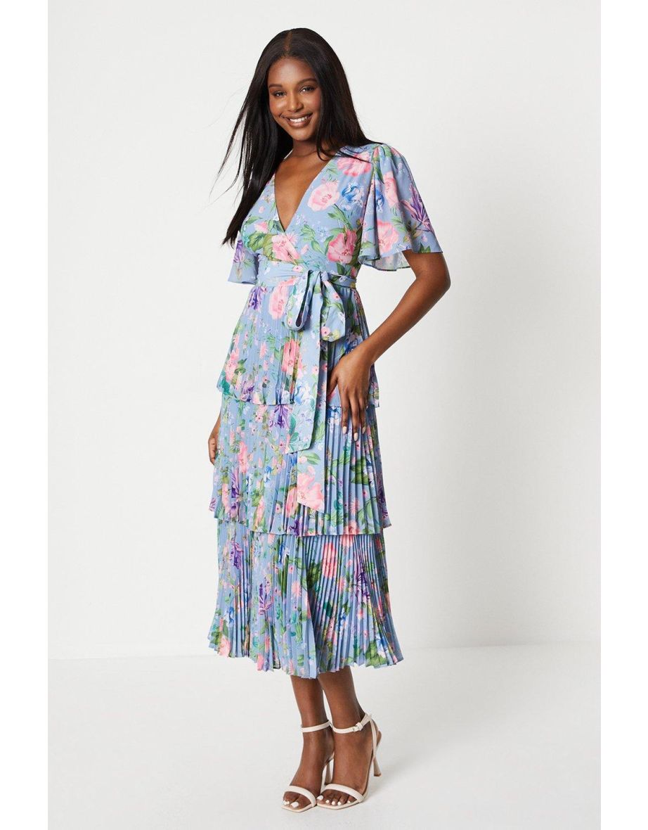 Cross Waist Puff Sleeve Tiered Midi Dress