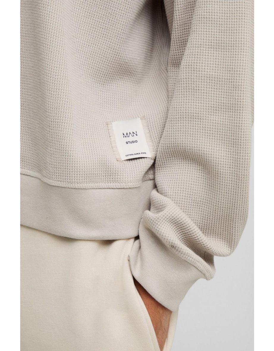 Extended Neck Boxy Man Woven Tab Waffle Sweatshirt - stone - 2