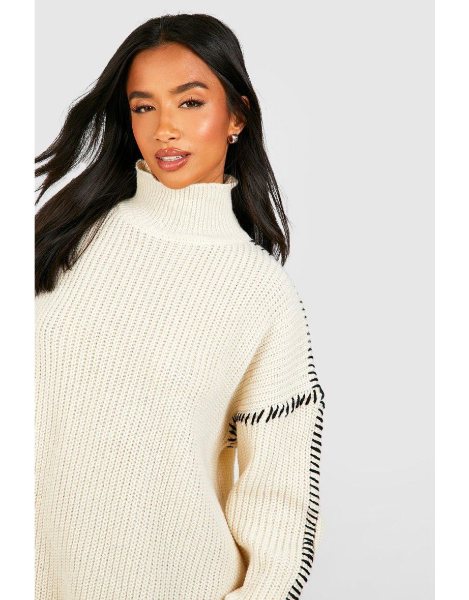 Petite Contrast Stitch Jumper Dress - cream - 3