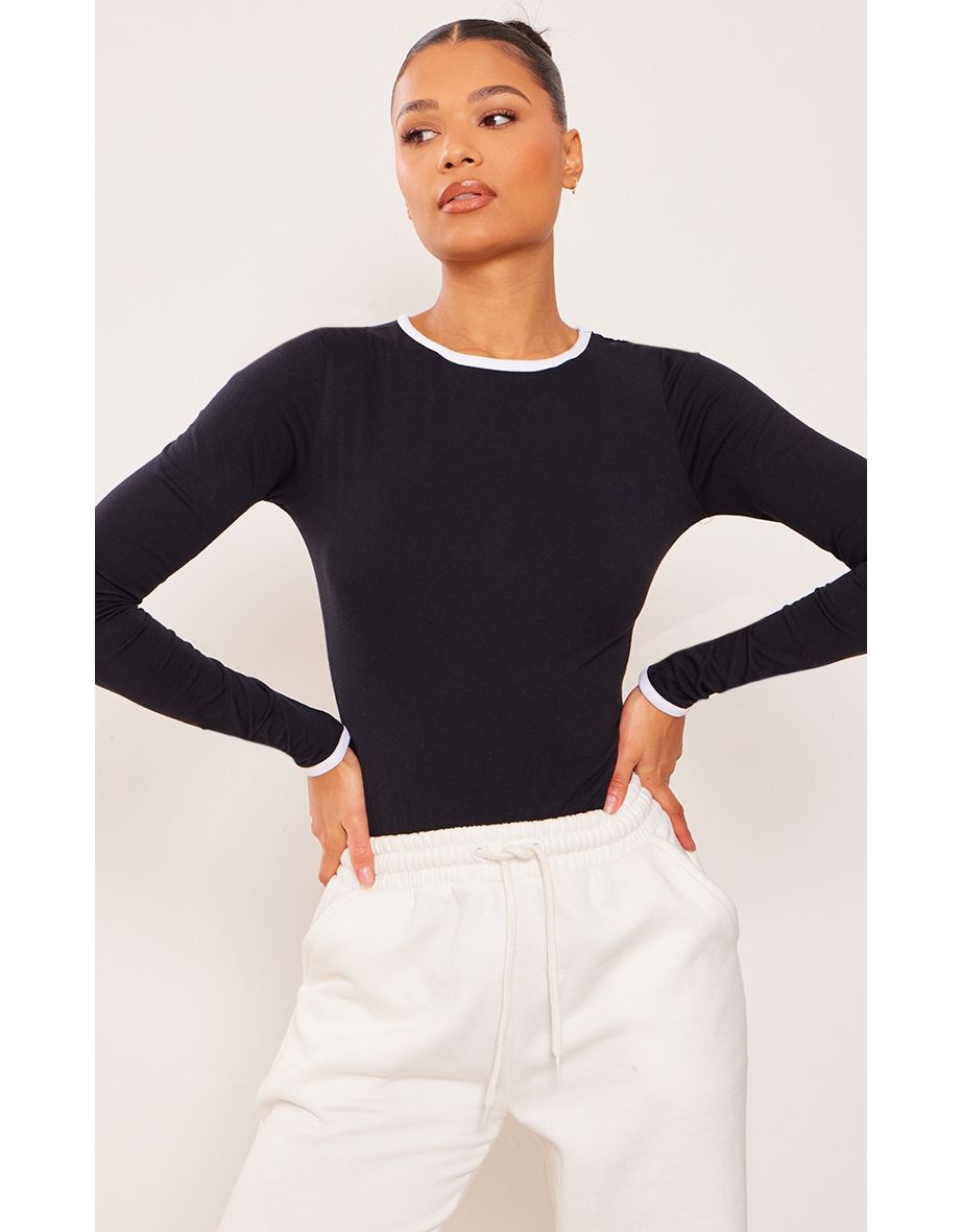Black Contrast Hem Cotton Long Sleeve Bodysuit