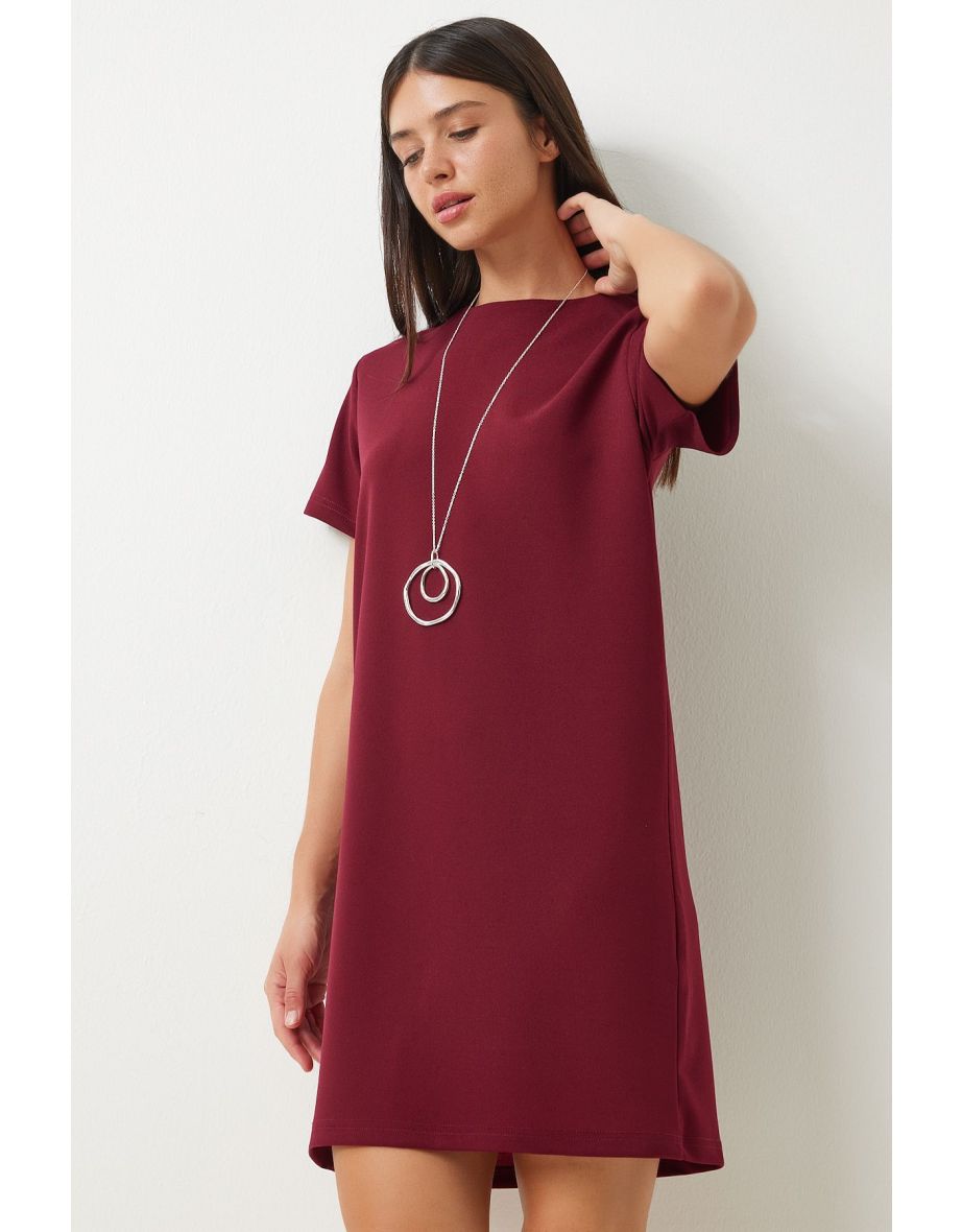 Women's Claret Red Crew Neck Basic Crepe Dress - 4