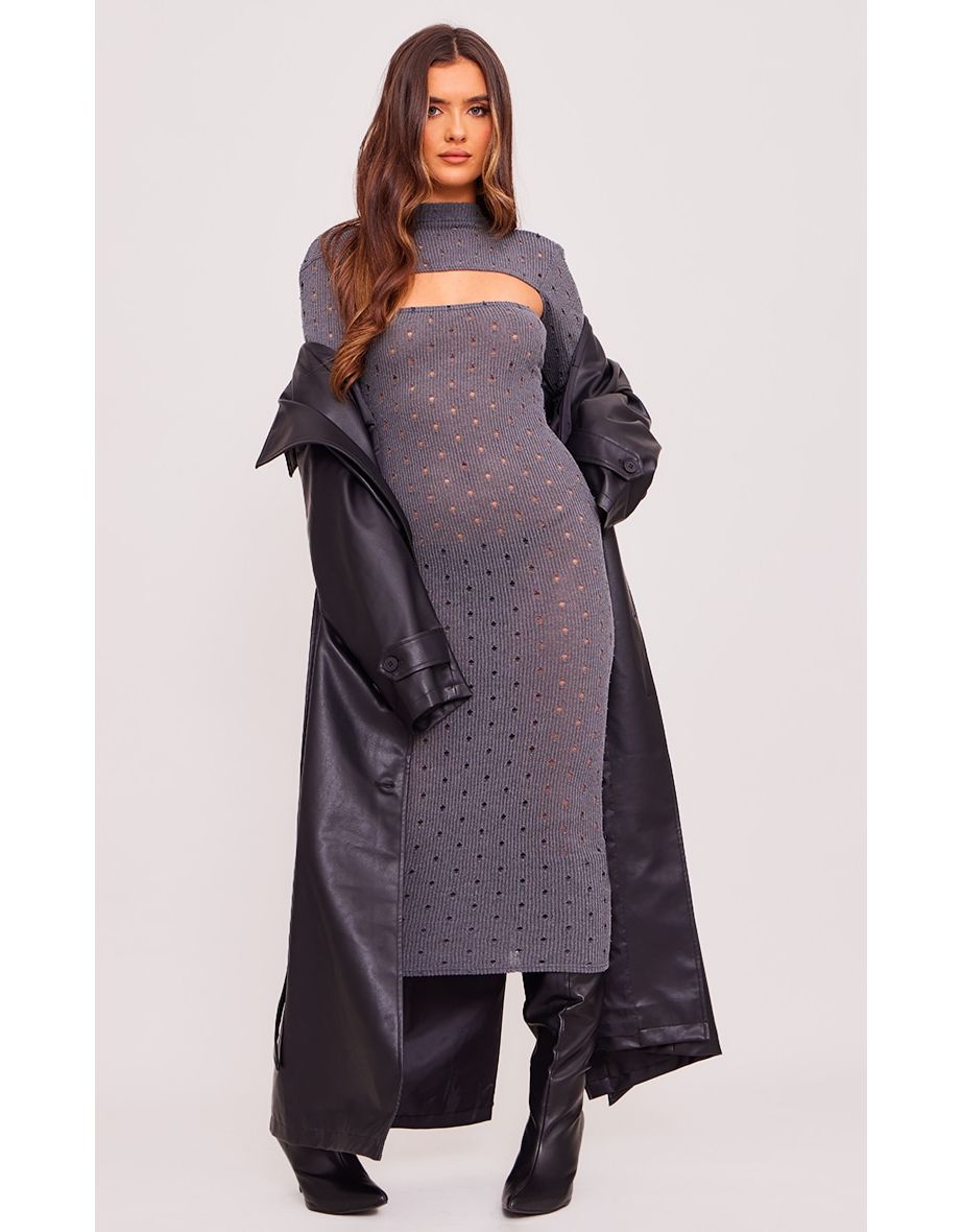 Charcoal Grey Ribbed Long Sleeve Cut Out Midaxi Dress