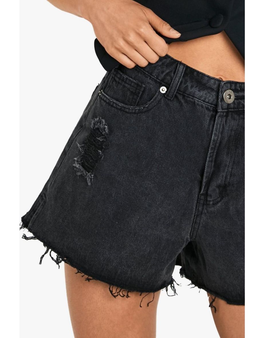 Washed Black Denim Shorts - 3