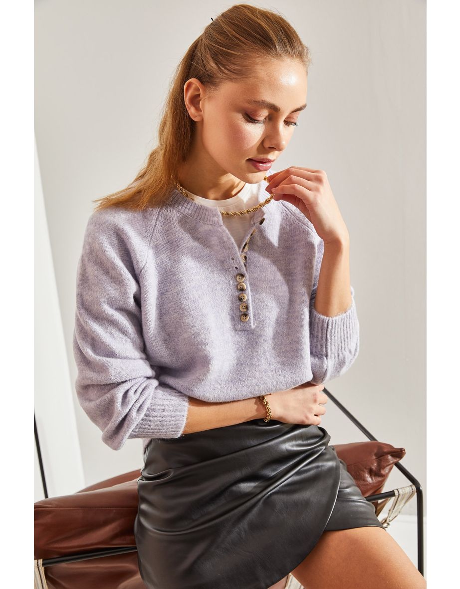 Women's Buttoned Collar Turtleneck Striped Knitwear Sweater - 7