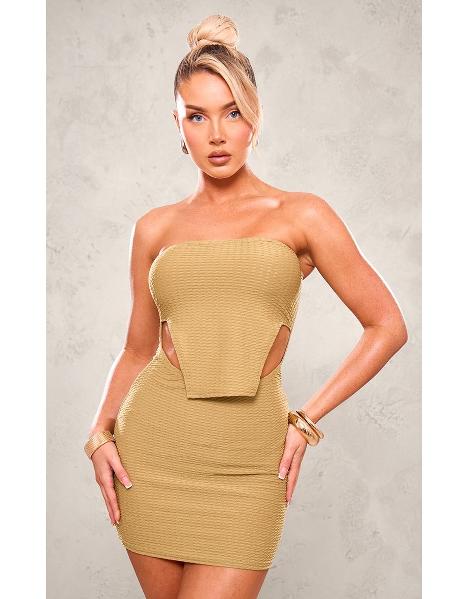 Shop Olive Textured Bandeau Stirrup Hem Bodycon Dress Online in Jordan VogaCloset