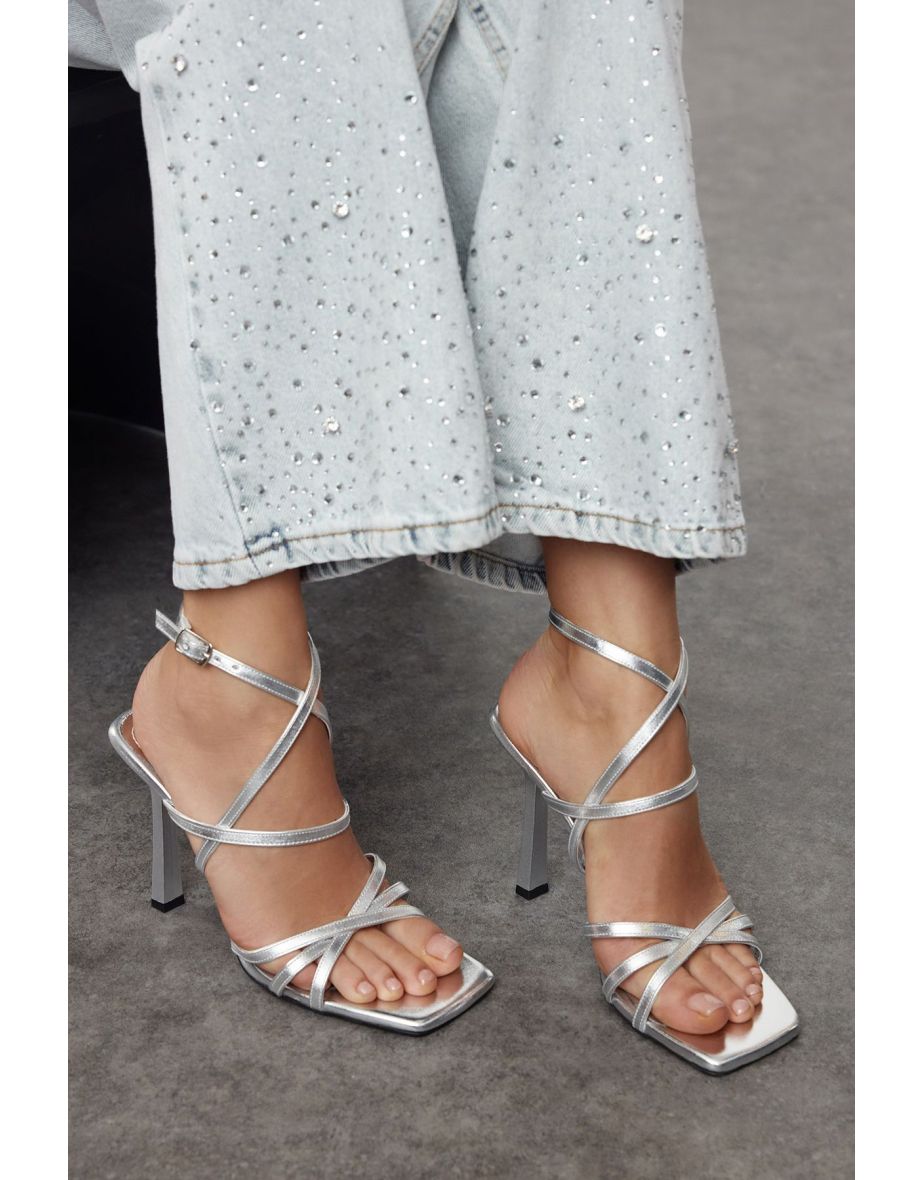 Metallic Silver Strappy Women's Heeled Sandals