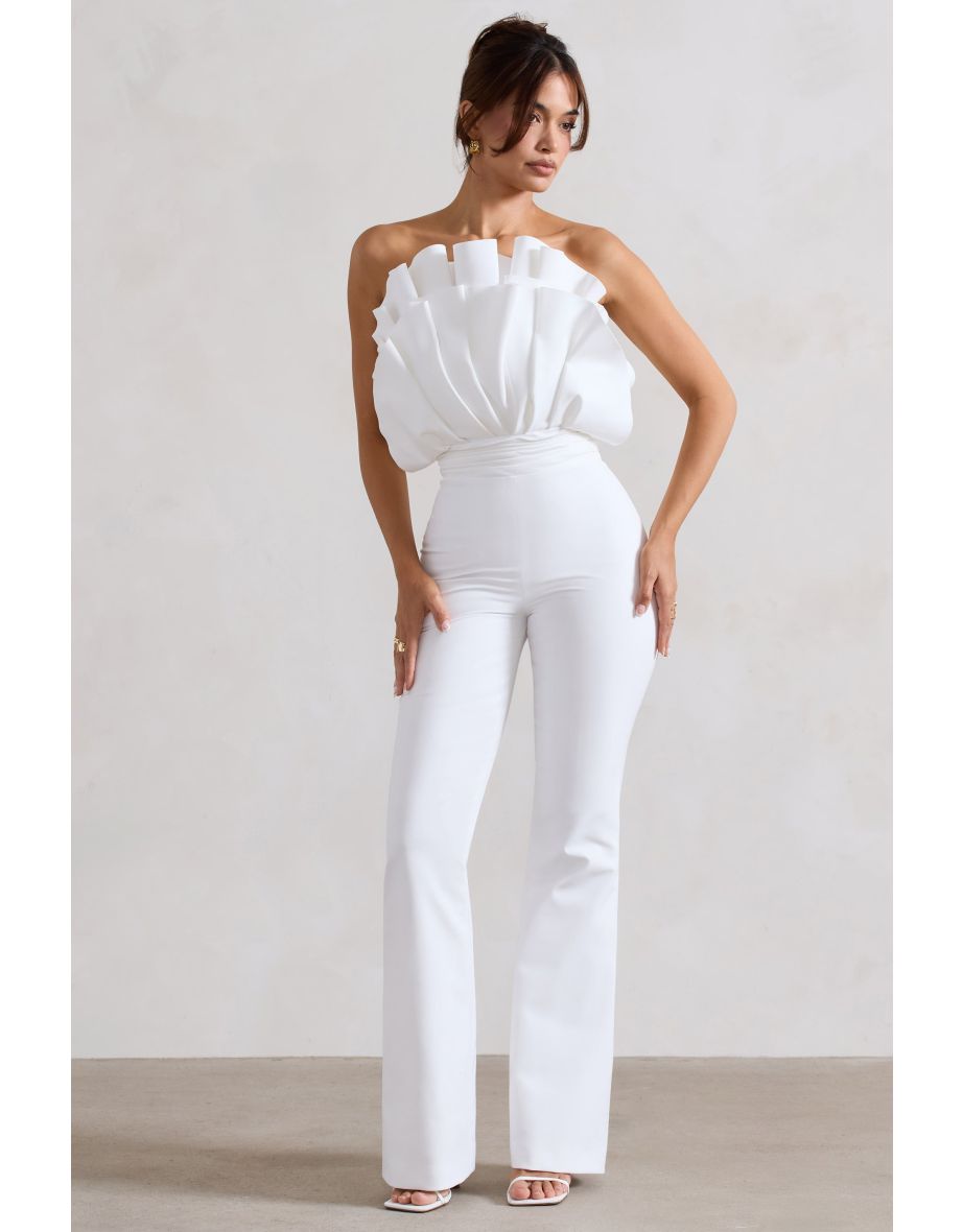 Nicia | White Ruffled Strapless Flared-Leg Jumpsuit
