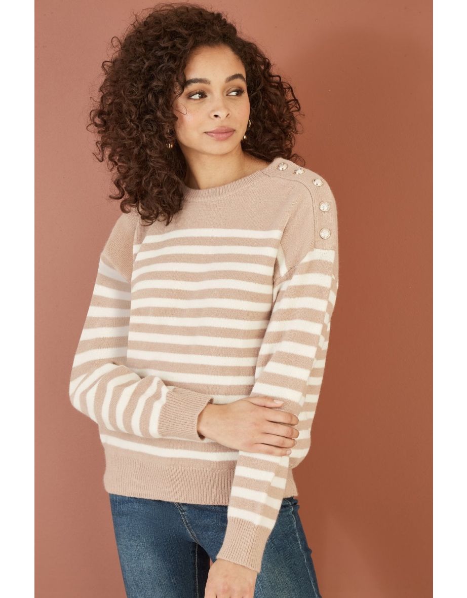 Yumi Beige Stripe Knitted Relaxed Jumper With Button Details - 4