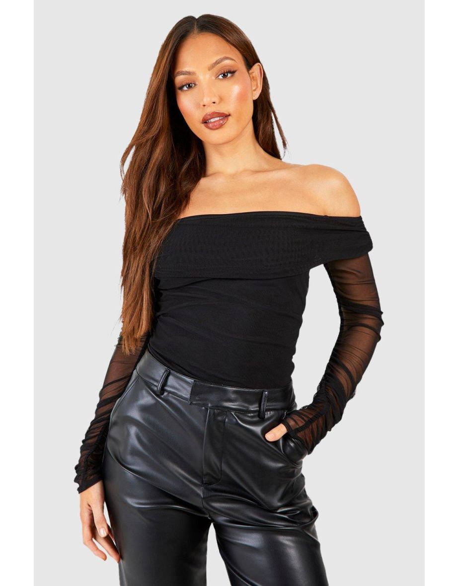 Tall Off The Shoulder Mesh Bodysuit - black