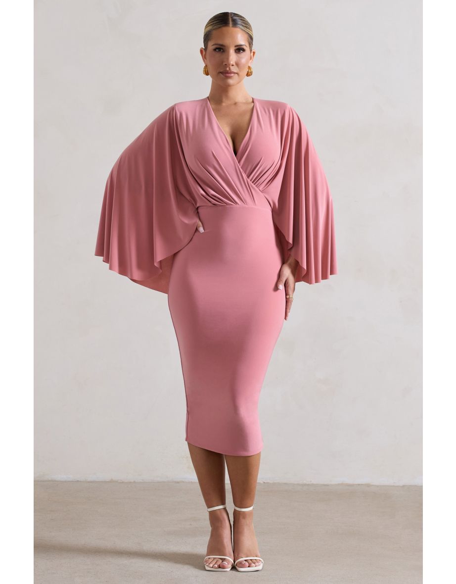 Mishka | Blush Pink Plunge-Neck Cape Midi Dress