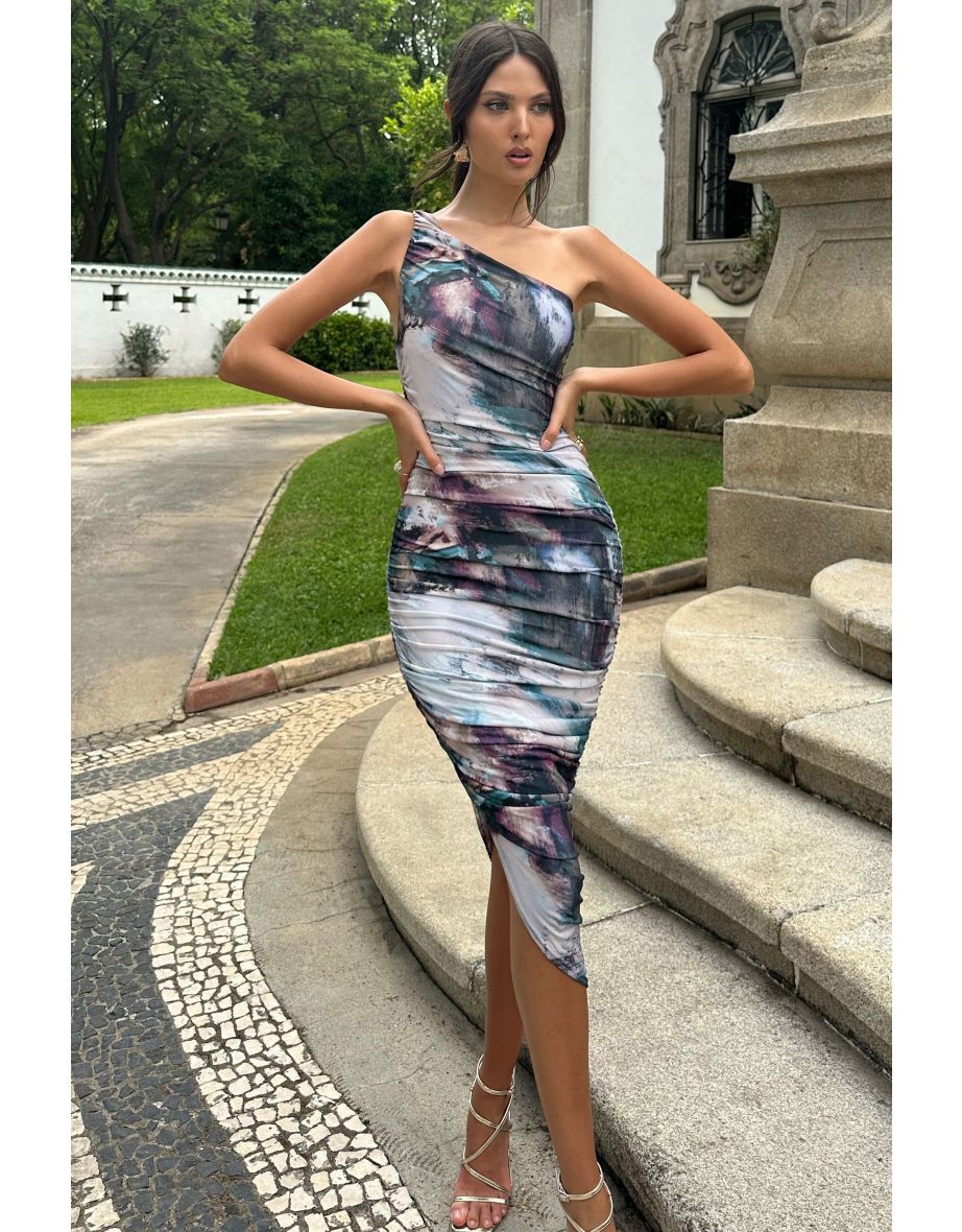 Late Night | Multi Printed Asymmetric One Shoulder Ruched Midi Dress