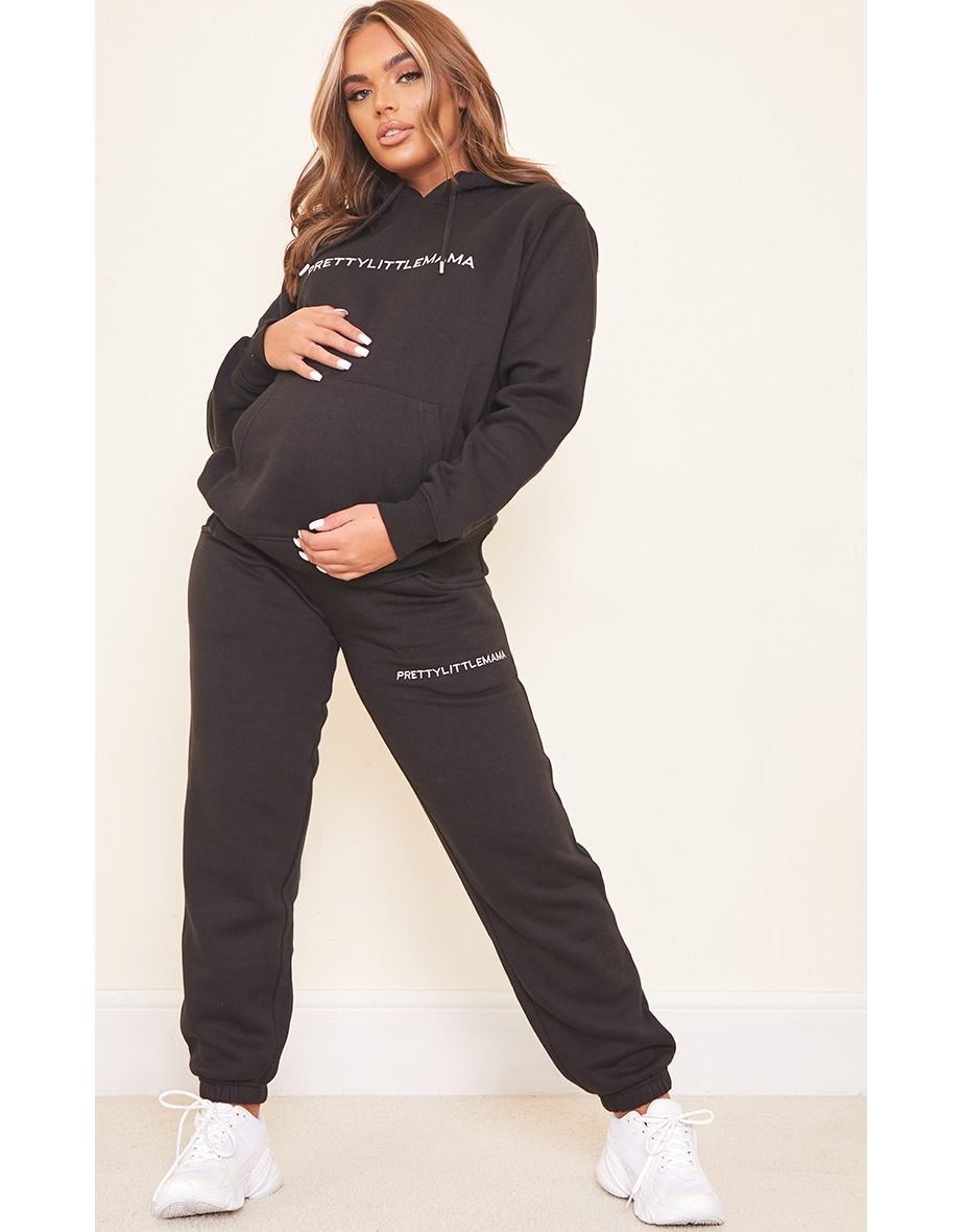 Maternity Black Over Bump Embroided Pretty Little Mama Joggers