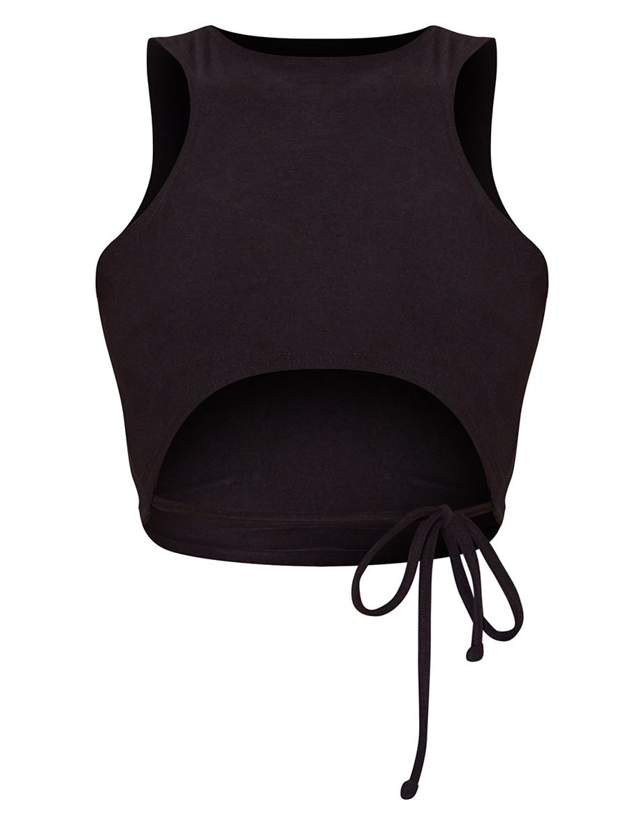 Black Slinky Tie Front Cut Out Detail Crop Top - 4