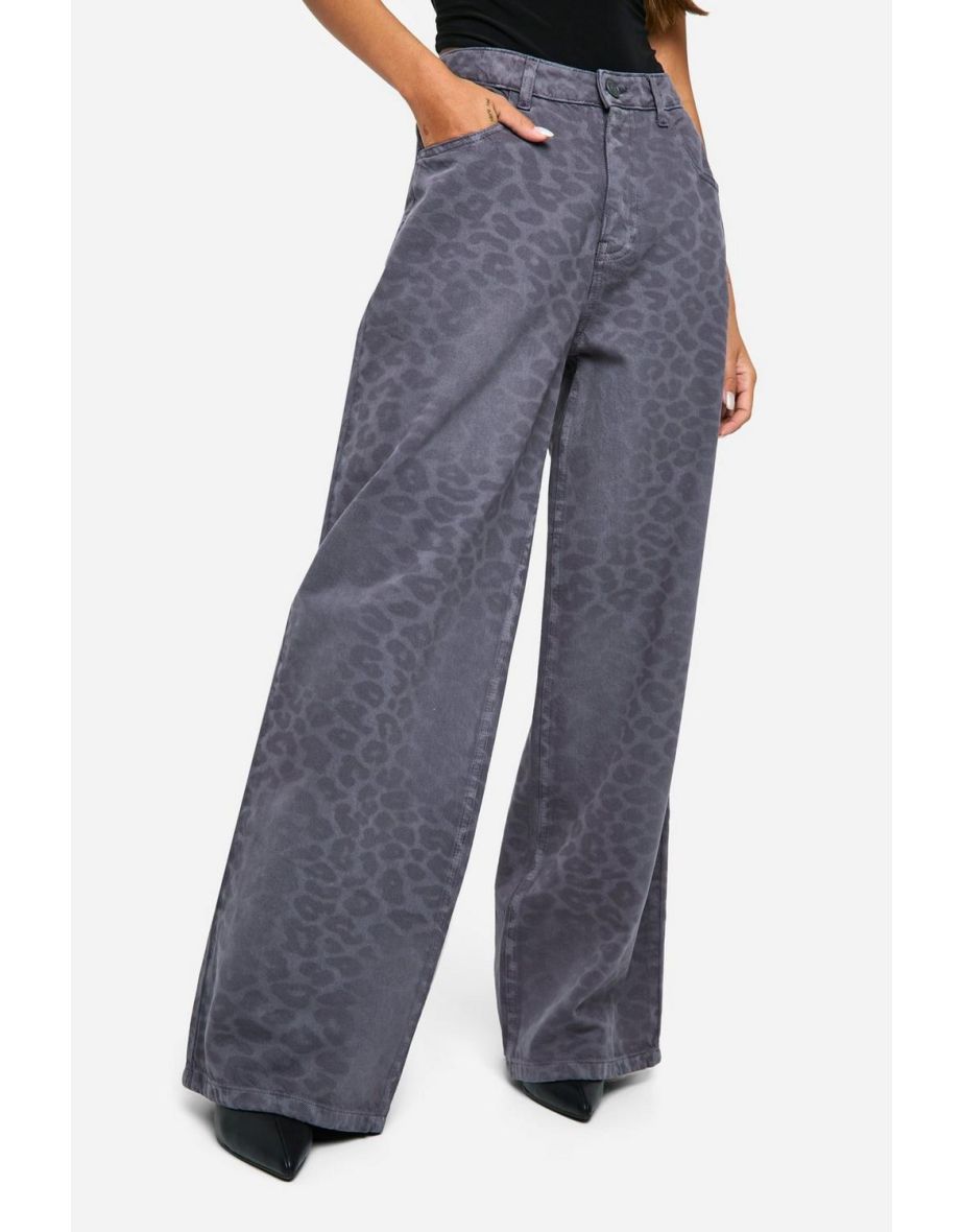 Laser Print Leopard Denim Wide Leg Jean - slate grey - 3