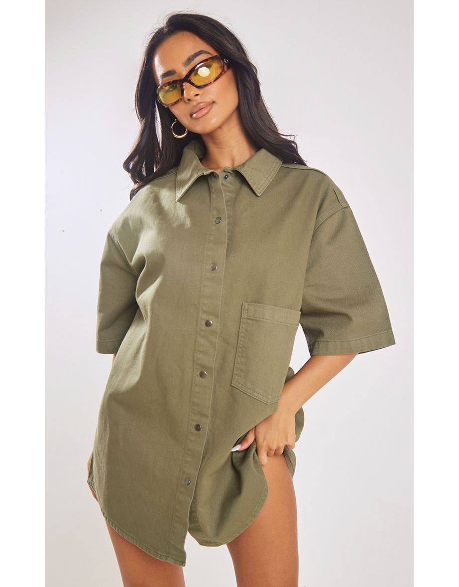 Shop Petite Washed Green Oversized Denim Shirt Dress Online in Bahrain VogaCloset