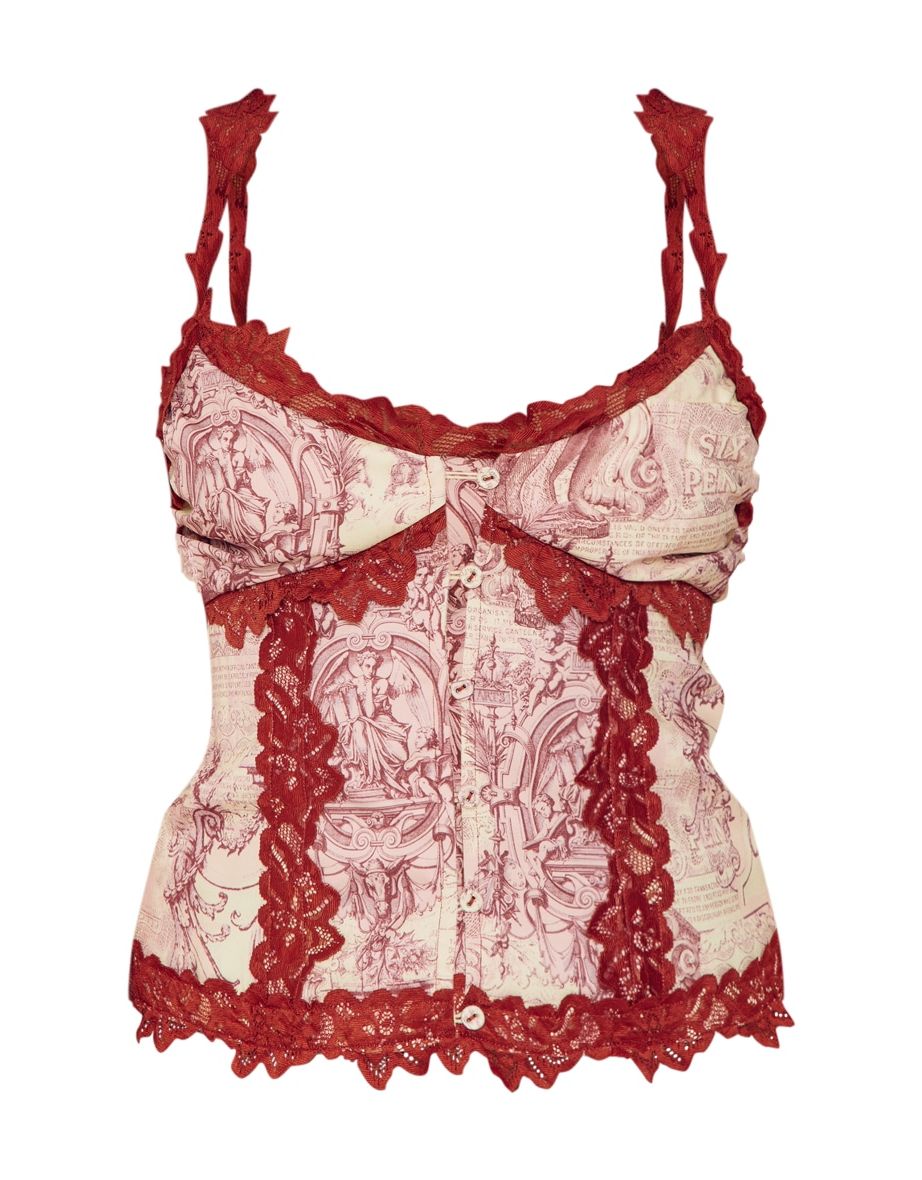 Petite Rust Renaissance Print Lace Trim Button Cami - 4