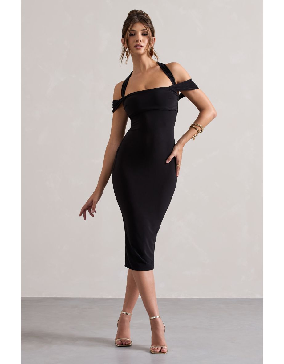 Marla | Black Halter-Neck Draped-Sleeve Dress