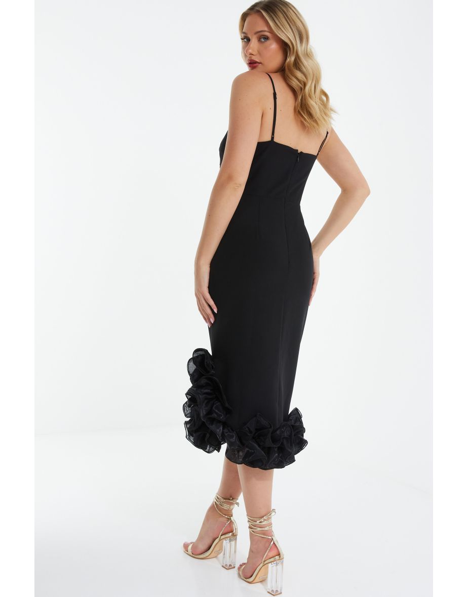 Black Ruffle Hem Bodycon Midi Dress