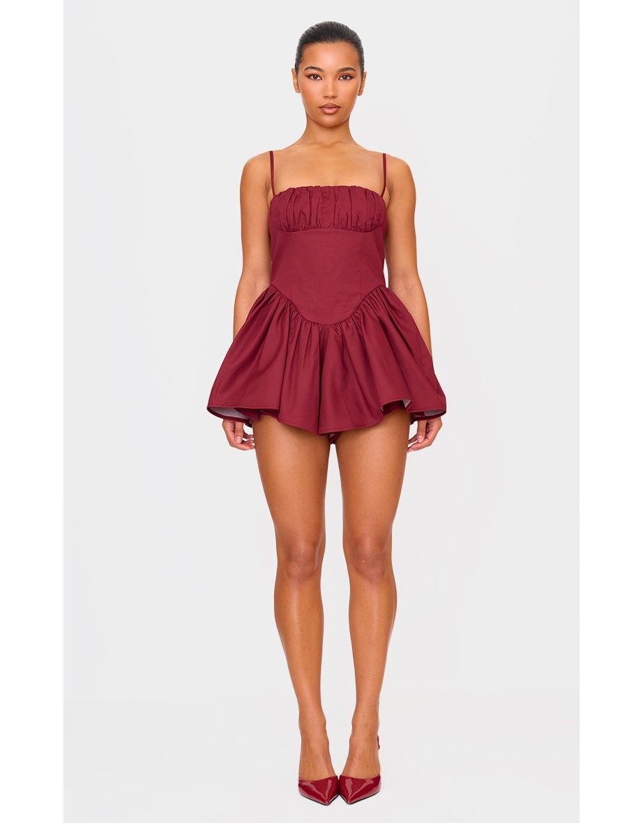 Burgundy Woven Dipped Waist Strappy Playsuit