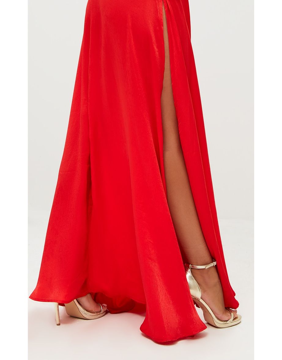فستان ماكسي بحمالات رفيعة وفتحة طويلة - أحمر - 4