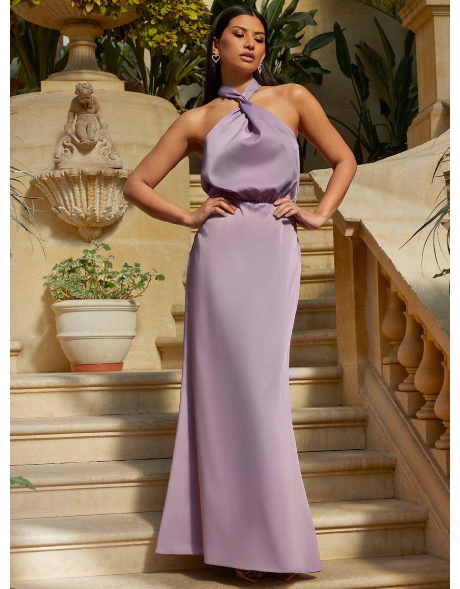 Halter Neck Satin Maxi Dress in Lilac