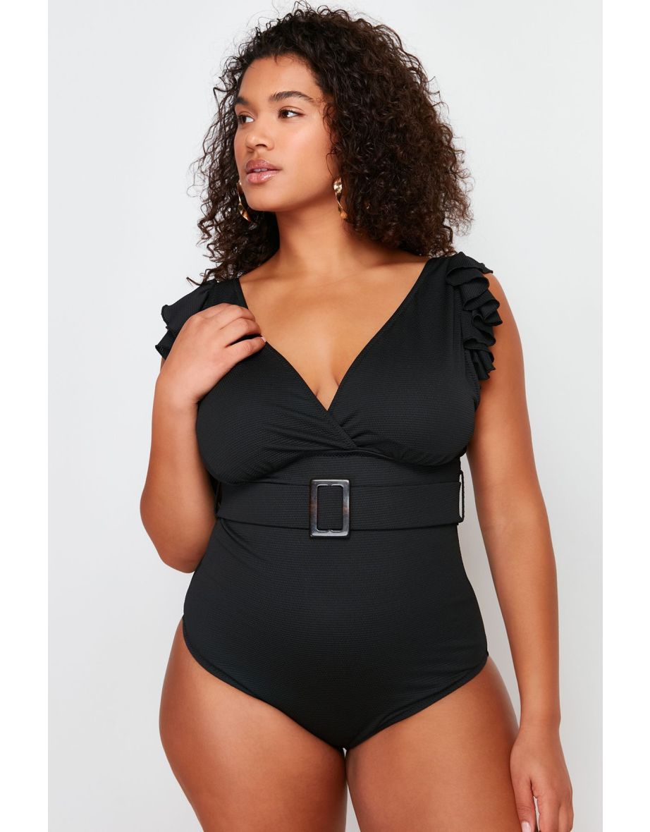 Black Deep V Belt Knitted Swimsuit