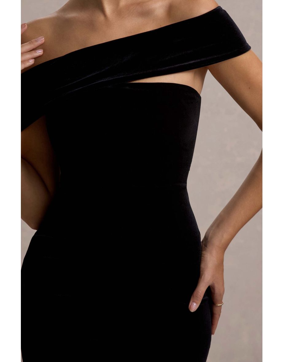Candela | Black Velvet Asymmetric Bardot Maxi Dress - 6