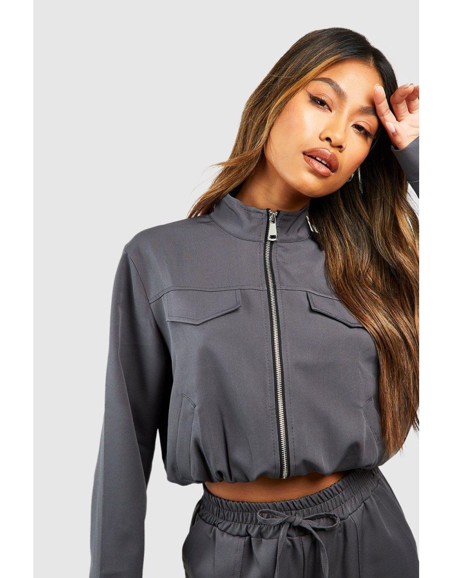 Woven Pocket Detail Relaxed Fit Bomber Jacket - charcoal - 3