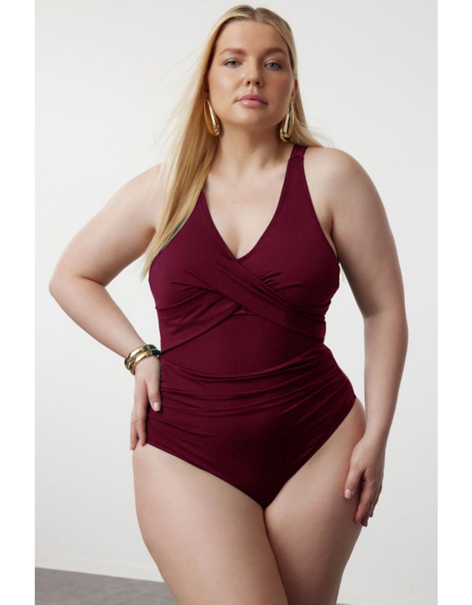 Burgundy Waist Cut Out Mesh/Tulle Detail Plus Size Swimsuit