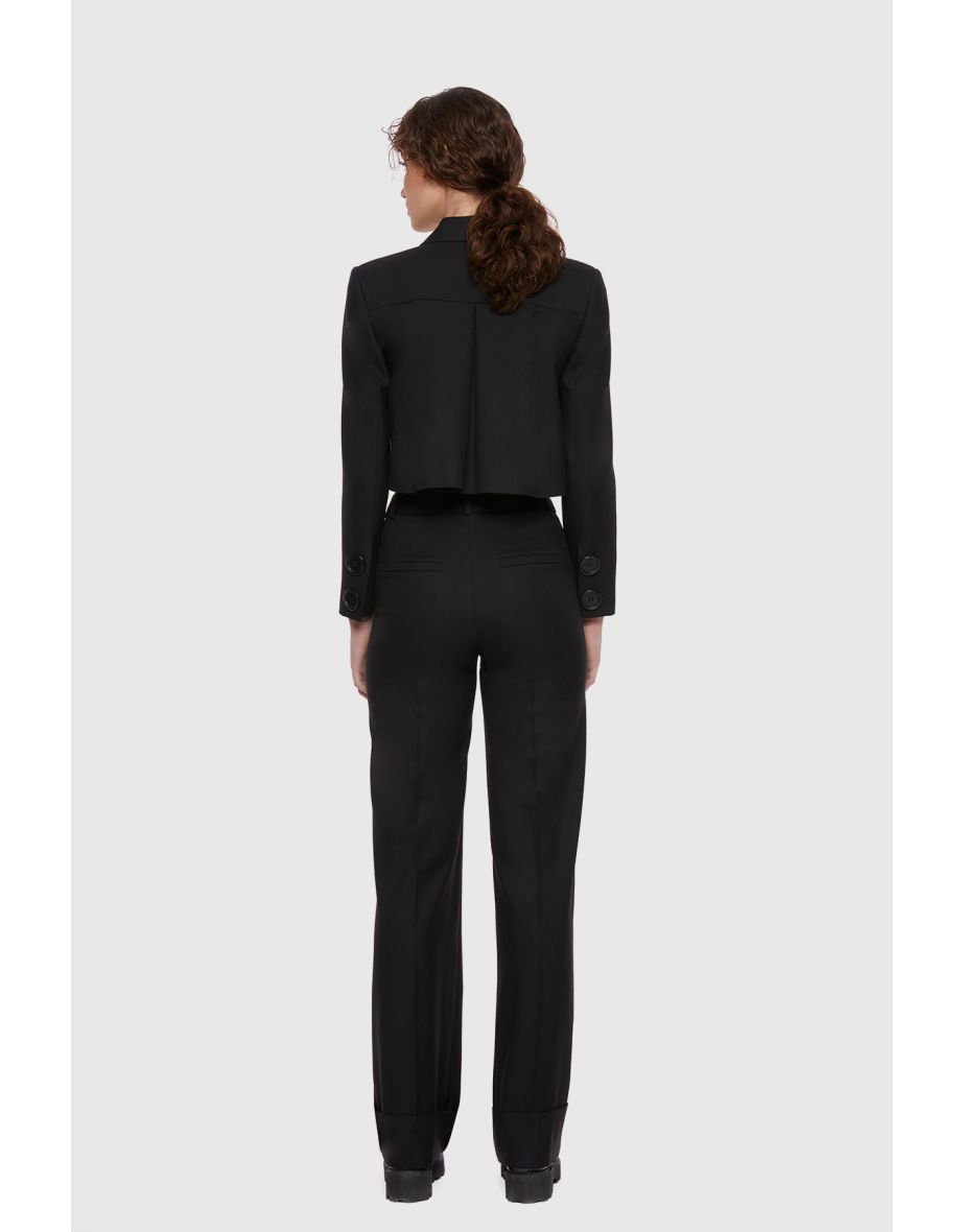 Crop Jacket and Palazzo Pants Black Suit - 2