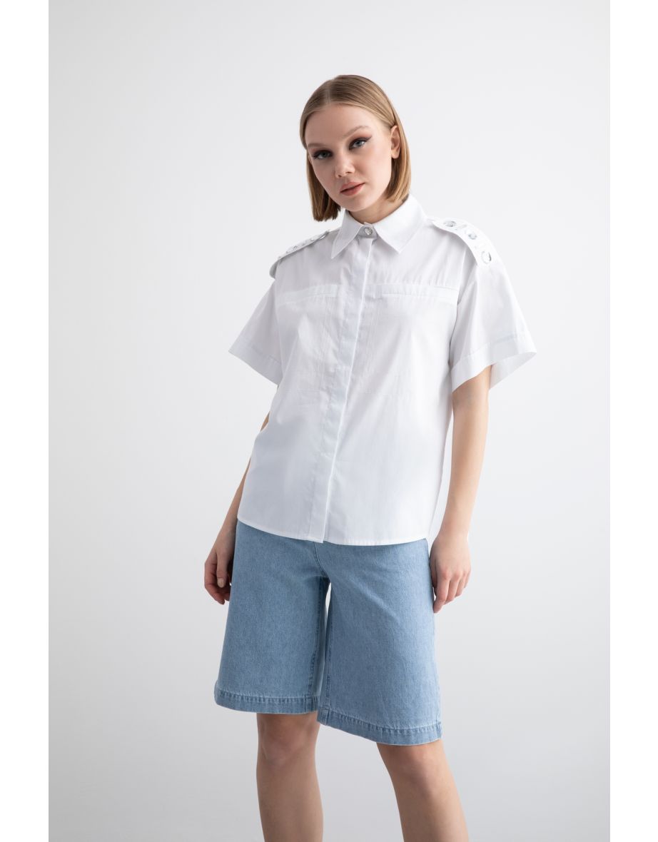 White Oversized Shirt With Epaulette Crystal Stone Pocket Contrast Stitching Detail