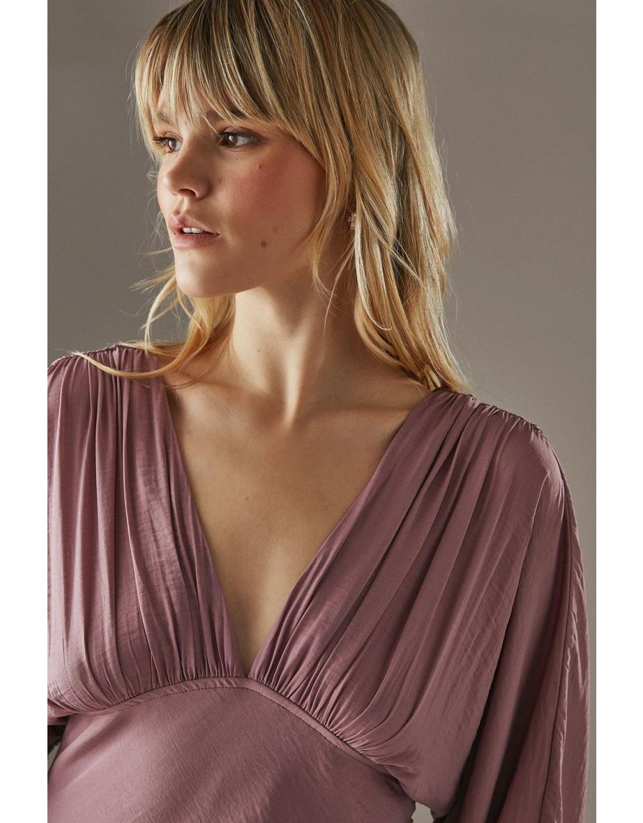 Flare Sleeve Plunge Satin Midi Dress - 3