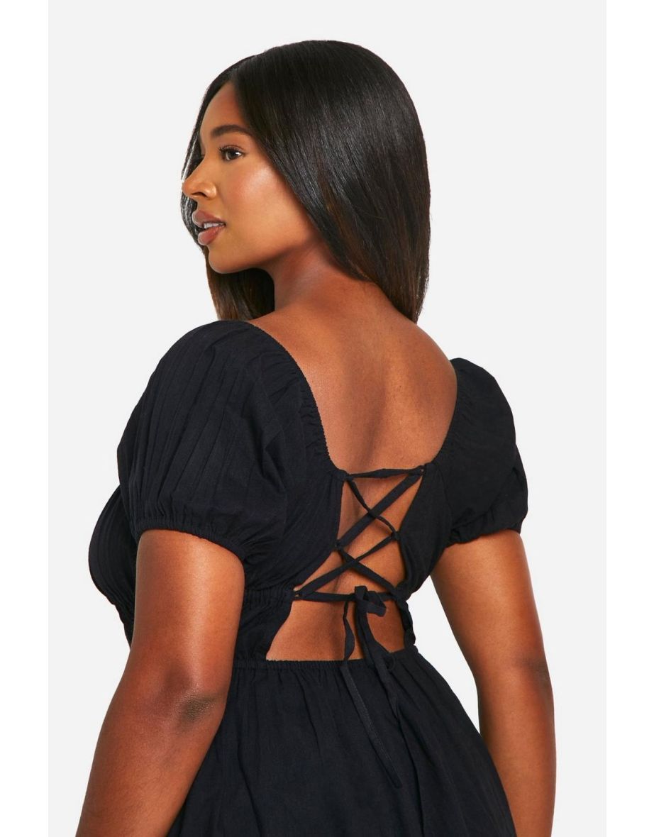 Plus Cotton Blend Ruched Puff Sleeve Mini Dress - black - 3