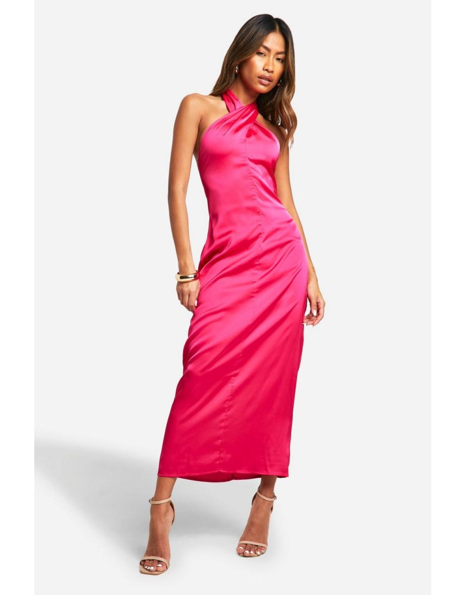Satin Twist Neck Hot Pink Midaxi Dress