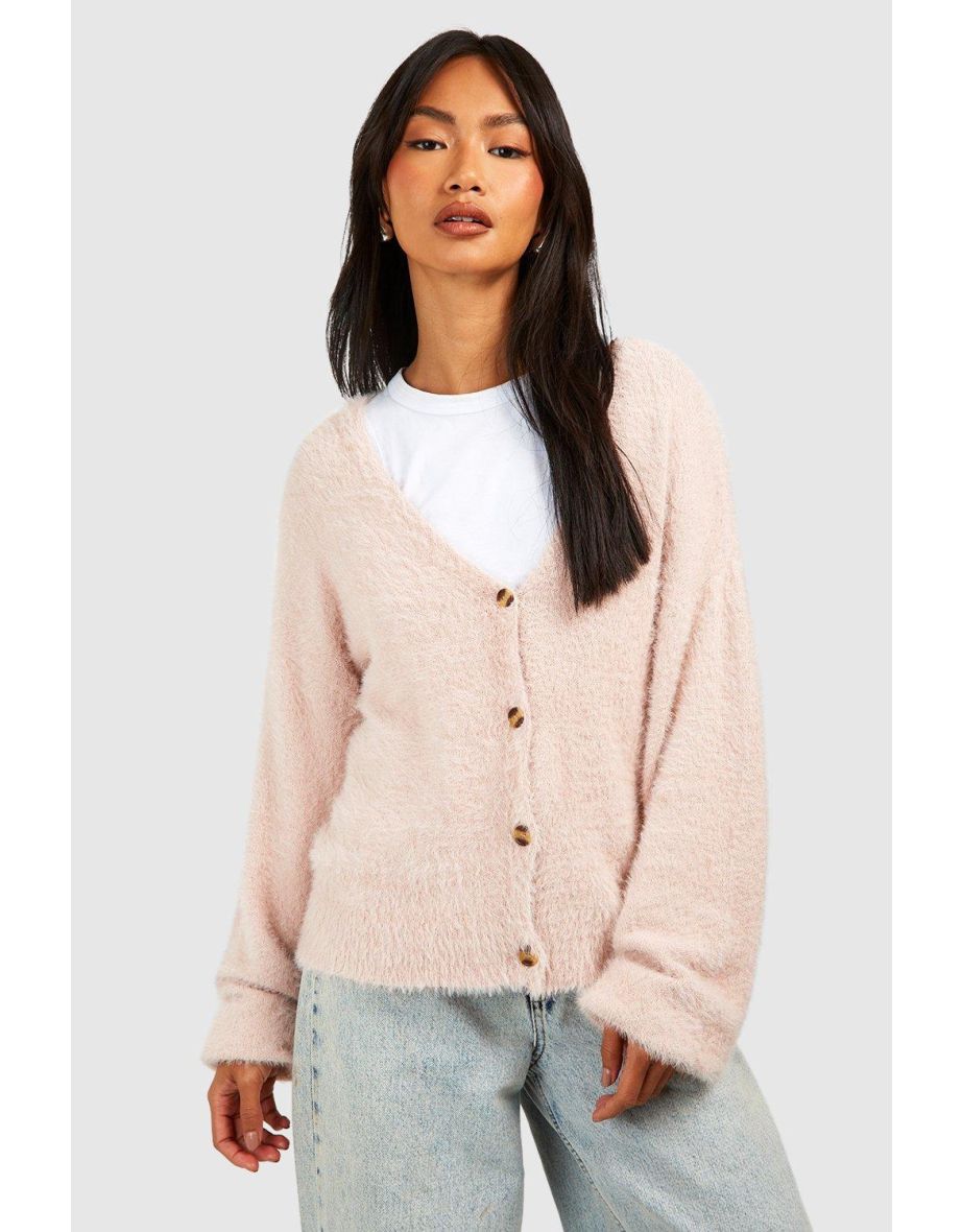 Shop Fluffy Knit Cardigan mauve Online in Oman VogaCloset