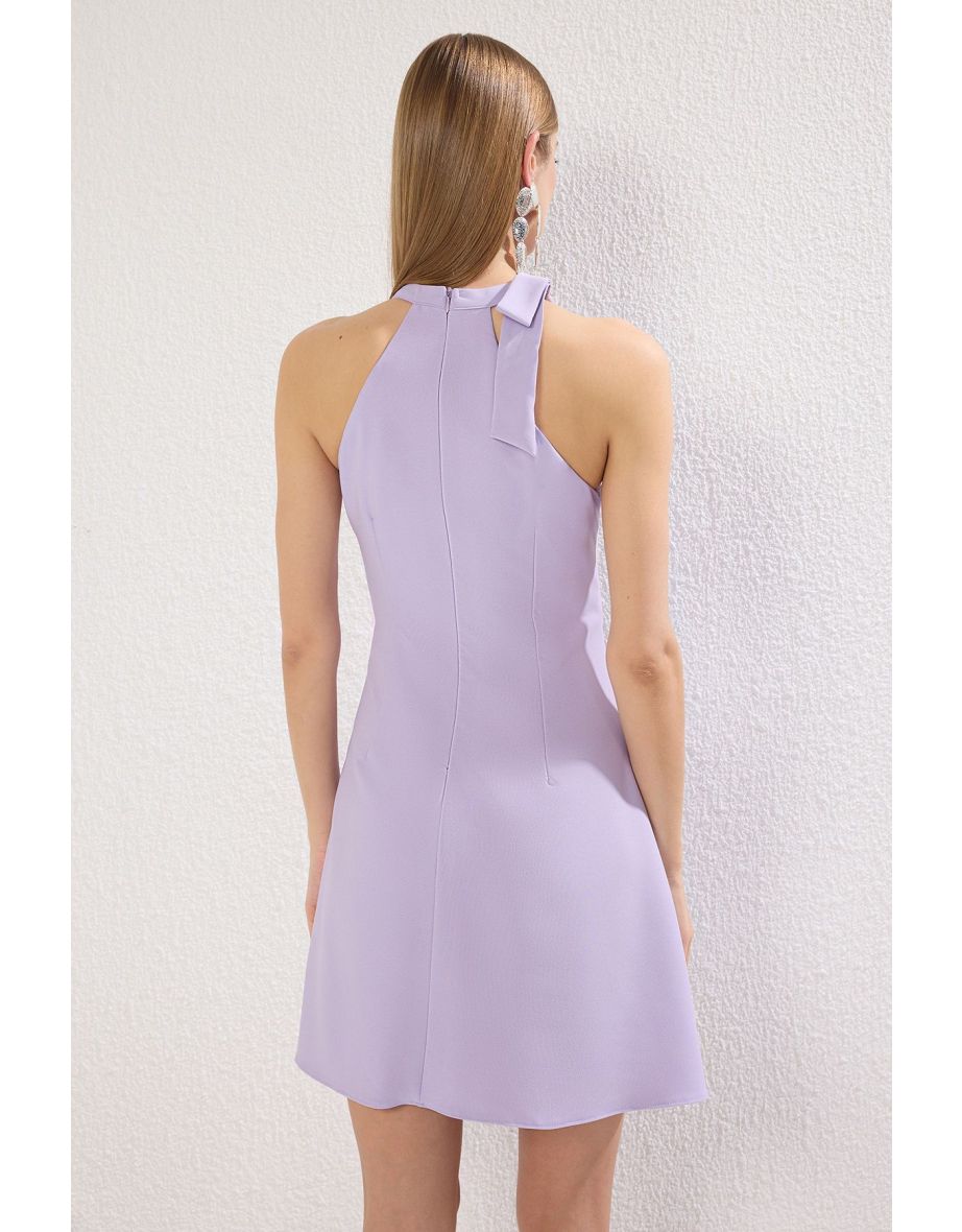 Lilac Plain Skirt Waist-opening tie detail Mini Woven Dress - 3