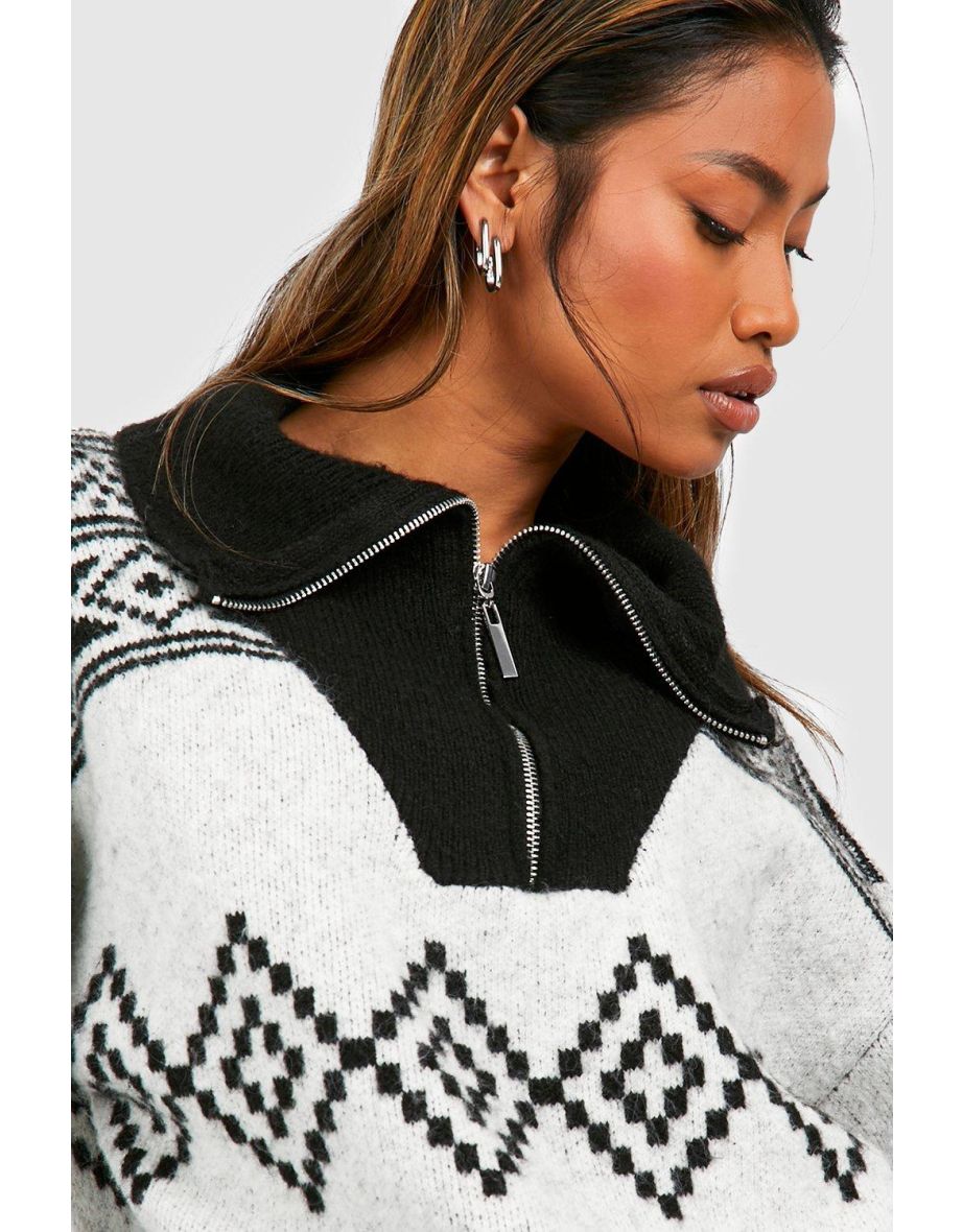 Half Zip Aztec Print Oversized Jumper - ivory - 3