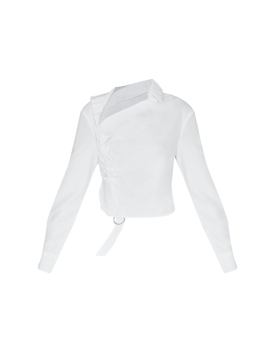 White Ruched Buckle Asymmetric Shirt - 4