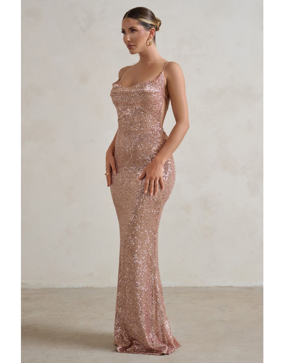 Seeing Stars | Champagne Cowl Cami Sequin Maxi Dress With Waist Tie - 4