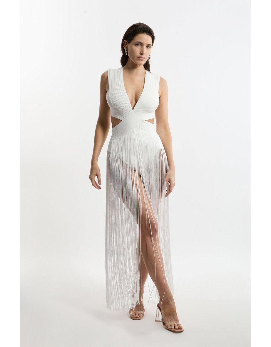 Bandage V Neck Cut Out Fringed Swimsuit
