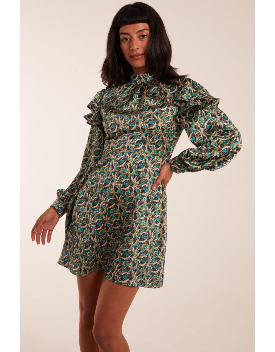 Ruffle Sleeve High Neck Swing Dress
